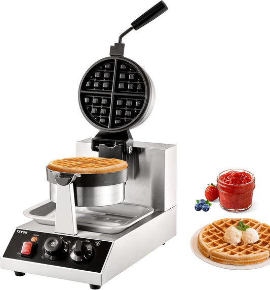 VEVOR Ronde wafelijzer wafel 1300 W, contactgrill Belgisch wafelijzer 4 stuks roestvrij staal wafelautomaat incl. voedselclip & borstels & brandveilig handvat, voor cafés, restaurant enz.