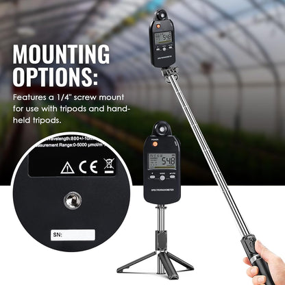 PAR-meter, Spectroradiometer Quantum PPFD-meter, Full-Spectrum Lichtmeting 320-800nm | UV, Zichtbare & IR-analyse, Kleurweergave, Plantengroeitesten | Gegevensrecord, MAX/MIN/AVG, statiefbevestiging