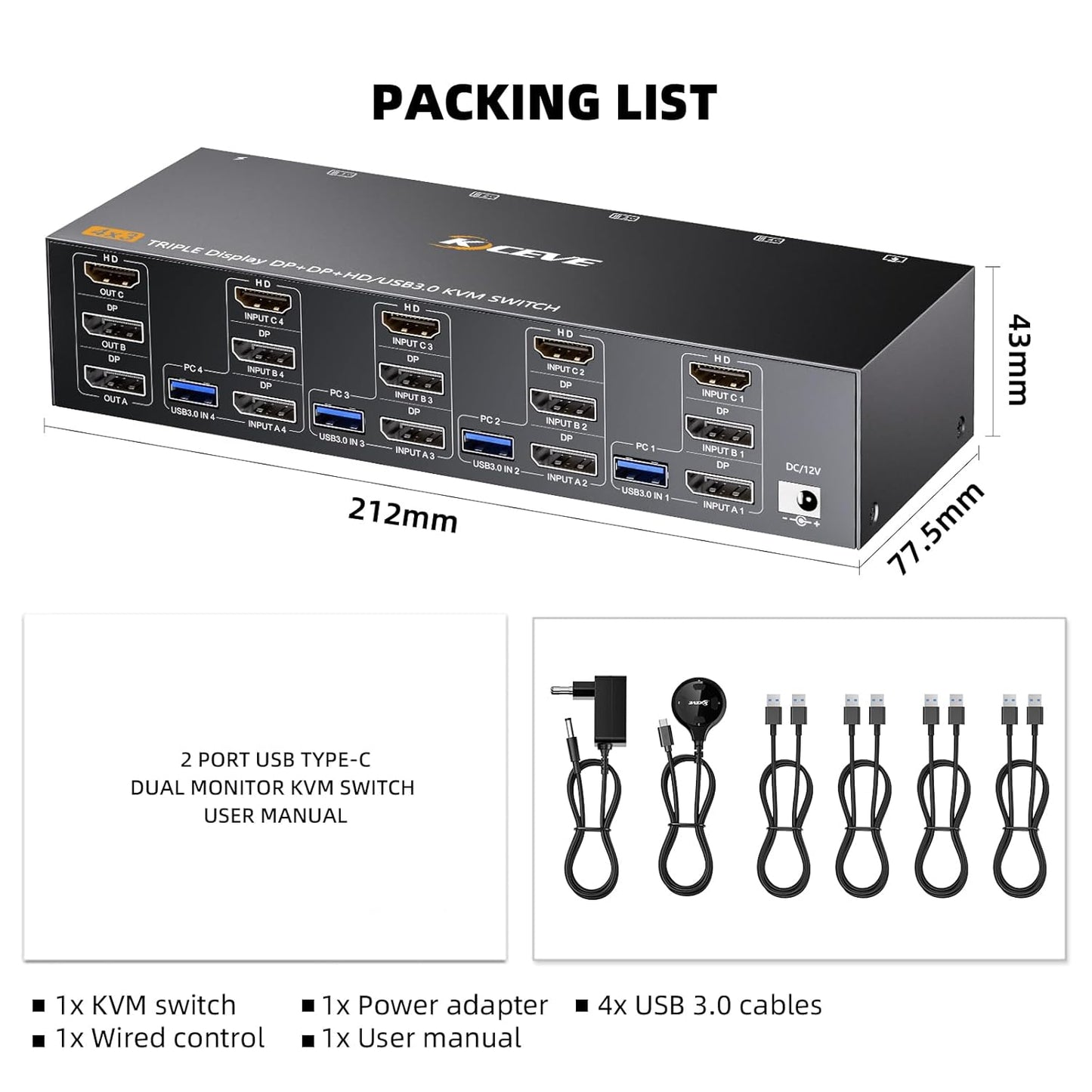 KVM Switch 3 monitoren 4 pc's, 2 DisplayPort + 1 HDMI USB 3.0 KVM-schakelaar, ondersteunt 4K @60 Hz voor 3 computers die 2 DP-monitoren, toetsenbord en muis delen