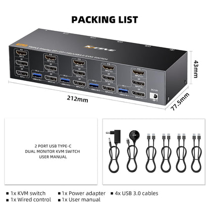KVM Switch 3 monitoren 4 pc's, 2 DisplayPort + 1 HDMI USB 3.0 KVM-schakelaar, ondersteunt 4K @60 Hz voor 3 computers die 2 DP-monitoren, toetsenbord en muis delen