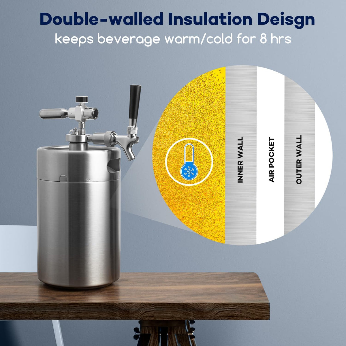 TMCRAFT 120 oz Dubbelwandige Mini Keg Growler, Drukgereguleerd Thuis Bierdispenser Systeem met Verwijderbare Tap en Regulator, Houdt Versheid en Koolzuur voor Craft Beer Draft/Homebrew