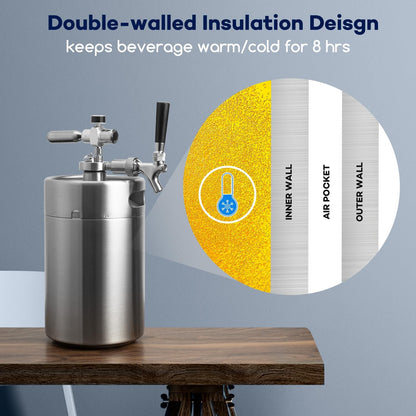 TMCRAFT 120 oz Dubbelwandige Mini Keg Growler, Drukgereguleerd Thuis Bierdispenser Systeem met Verwijderbare Tap en Regulator, Houdt Versheid en Koolzuur voor Craft Beer Draft/Homebrew