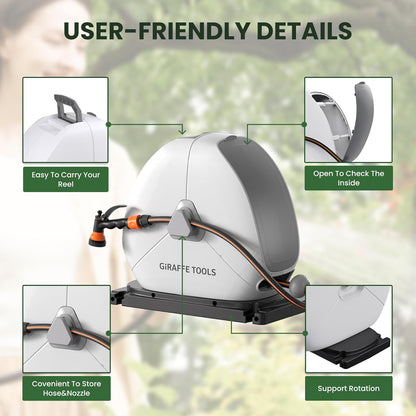 Giraffe Tools Intrekbare slanghaspel met 25 m, zware grondmontage tuinslanghaspel, met 9 functies sproeier en flexibele draaibare basis