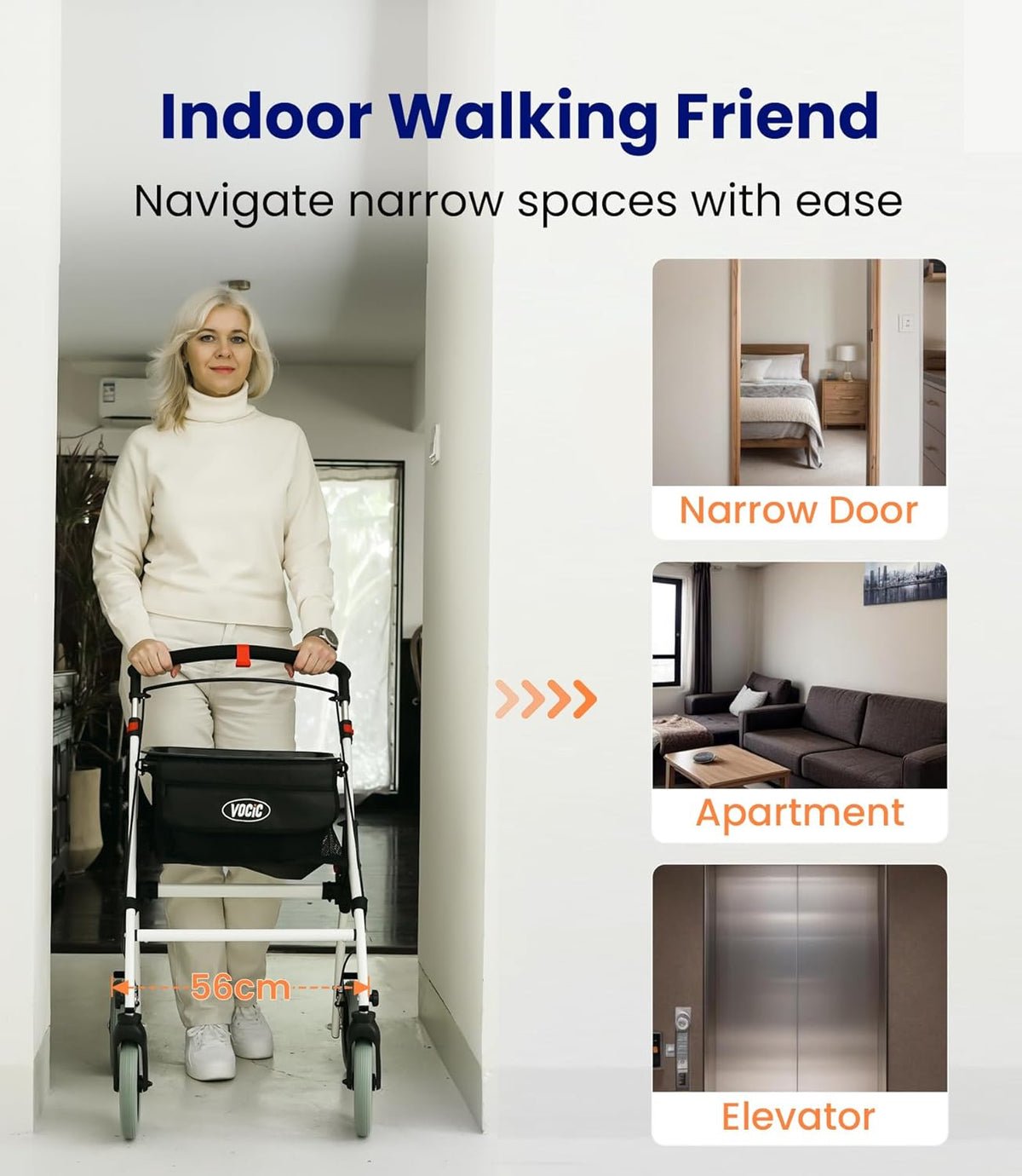 VOCIC Z32 Rollator Slim voor thuis, binnenrollator Opvouwbaar en lichtgewicht, stabiele rollator voor thuis antislipbanden, rollators voor senioren Opvouwbare lade, wit | 5 jaar garantie