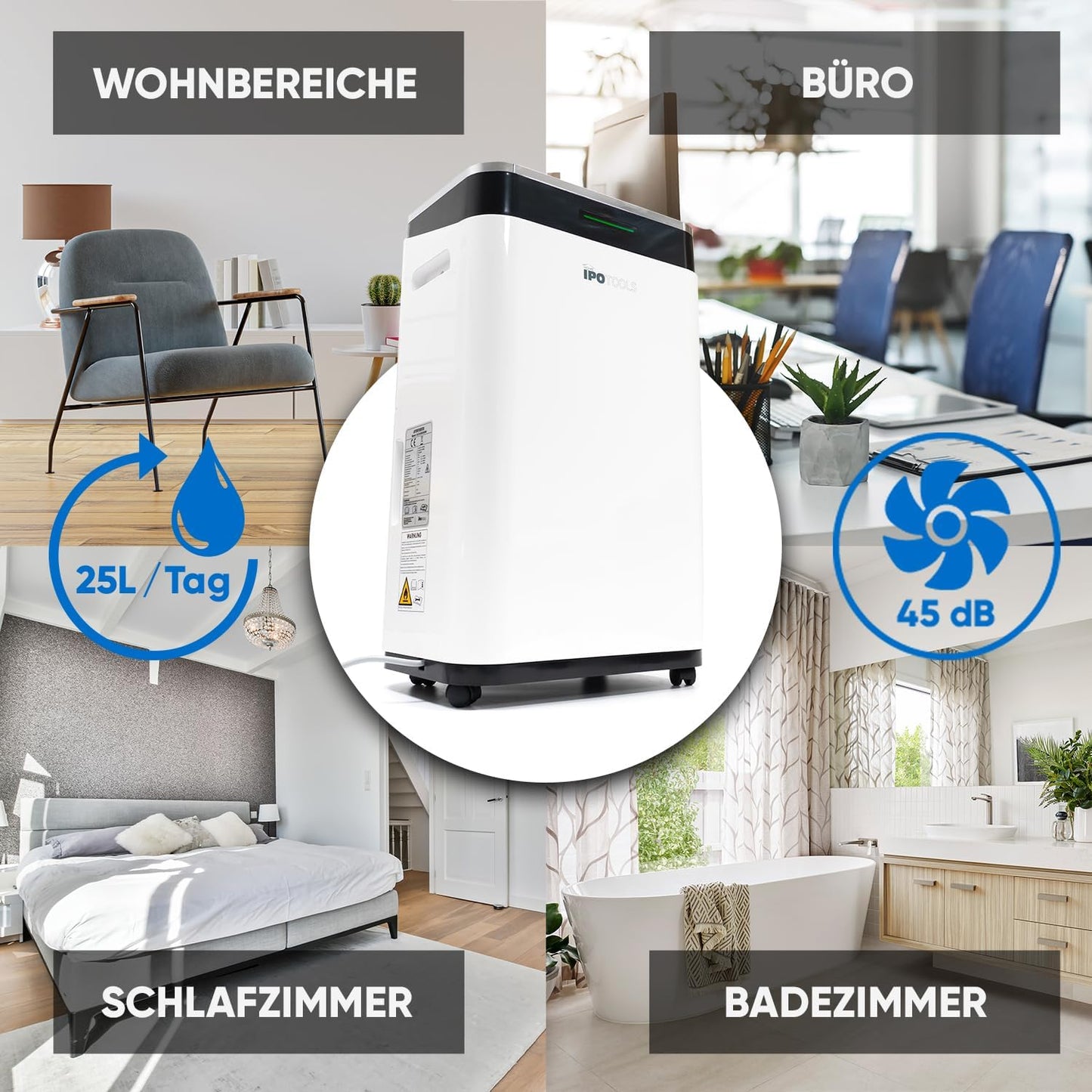 IPOTOOLS Luchtontvochtiger, 25 liter, 24 uur, ruimteontvochtiger voor ruimtes tot 70 m2, met 3 bedrijfsmodi, digitaal display, afvoerslang, wasdroger, timer voor vocht, schimmel, mobiel, 25 liter