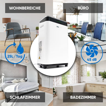 IPOTOOLS Luchtontvochtiger, 25 liter, 24 uur, ruimteontvochtiger voor ruimtes tot 70 m2, met 3 bedrijfsmodi, digitaal display, afvoerslang, wasdroger, timer voor vocht, schimmel, mobiel, 25 liter
