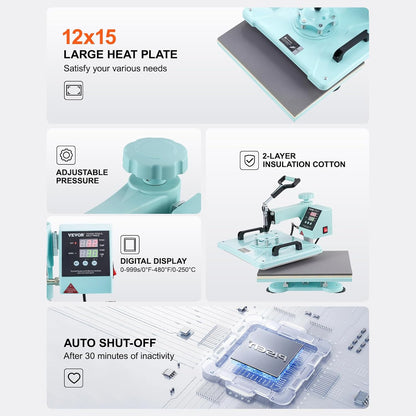 VEVOR Warmtepersmachine, 30,5 x 38 cm, 5-in-1 warmteoverdrachtmachine met 30 oz tuimelpers, 360° zwenkbaar T-shirt persen, digitale nauwkeurige controle, voor T-shirts, mokken/hoeden/borden, groen