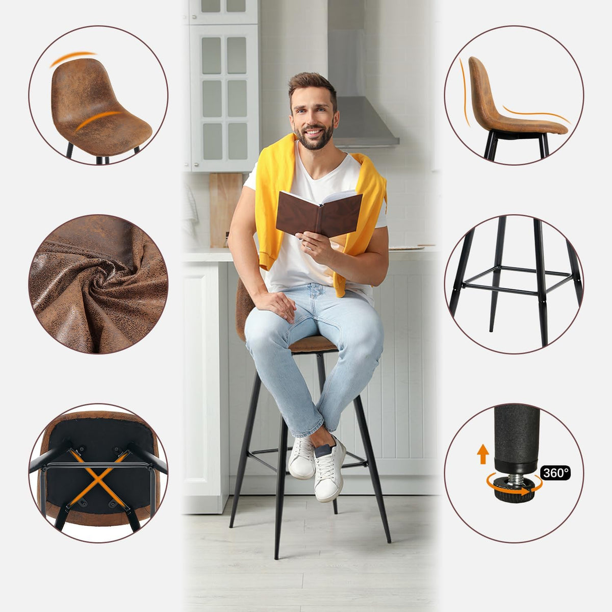 MEUBLE COSY Set van 2 barkrukken met voetensteun, hoogte 76 cm en rugleuning, hoge keuken, vintage, suède, metalen poten