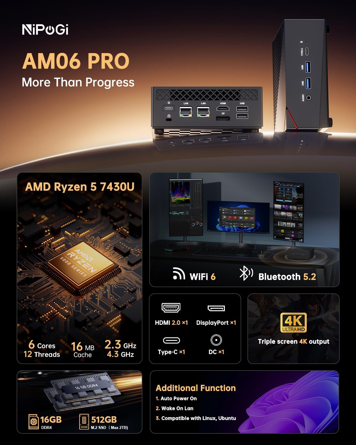 NiPoGi Mini-pc, AMD Ryzen 5 5500U mini-gaming-pc (6C/12T, tot 4,0 GHz), 16 GB DDR4 RAM 512 GB M.2 SSD-minicomputer met dubbel Gigabit Ethernet, 4K HDMI+DP+Type-C/WiFi 5/BT 4.2/voor games/kantoor/thuis