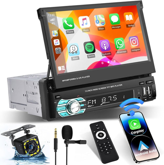 1-DIN Autoradio – Draadloze Radio – CarPlay Systeem – Android Auto Radio – Bluetooth Autoradio – Uittrekbaar 7" Touchscreen – Inclusief Achteruitrijcamera - QUORE