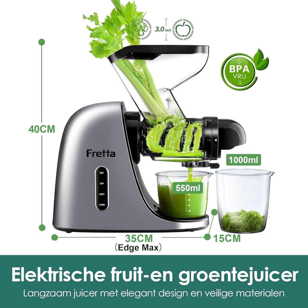 Fretta Masticating Juicer Slow Juicer Sapcentrifuge, groente en fruit, 200 W, fruitpers, elektrische sappers, selderij, sapmaker, machine, koude pers, fruitpers, 76 mm, BPA-vrij (zilver)