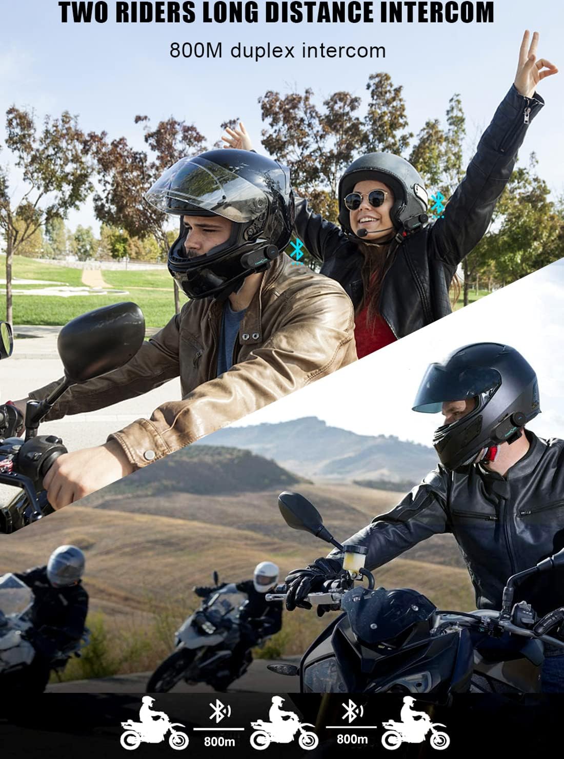 FreedConn T-COM VB Bluetooth headset, helm intercom, communicatiesysteem voor motorfietsen, GPS, FM-radio, handsfree, bereik 800 m, 2-3Riders Pairing dubbelpak
