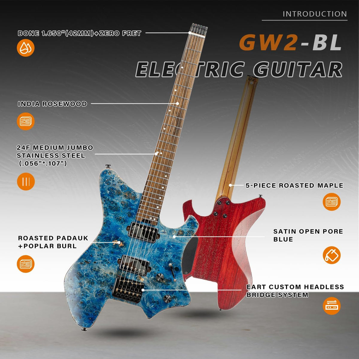 EART Headless Elektrische Gitaar Vaste Brug met 6-Snarige Reisgitaar Voor Reizen en Optreden Rechts, Roestvrijstalen Frets