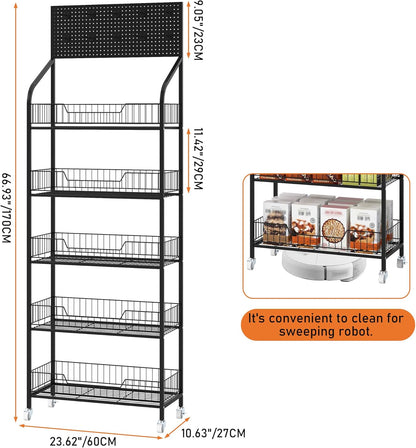5-Laags Displayrek Op Wielen – Opbergrek – Winkelrek – Presentatierek – Snackrek – 60 X 27 X 170 Cm – Metalen Frame Met 10 Afneembare Haken