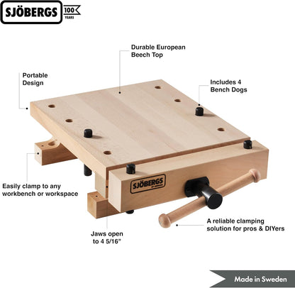 Sjöbergs SJO-66690K Smart Workstation Pro Bankschroef, 4,13 cm dik beukenblad, mini-werkbank, kurkkkaken, draagbare hardhoutklem voor houtbewerking, werkoppervlakte van 53 x 37 cm