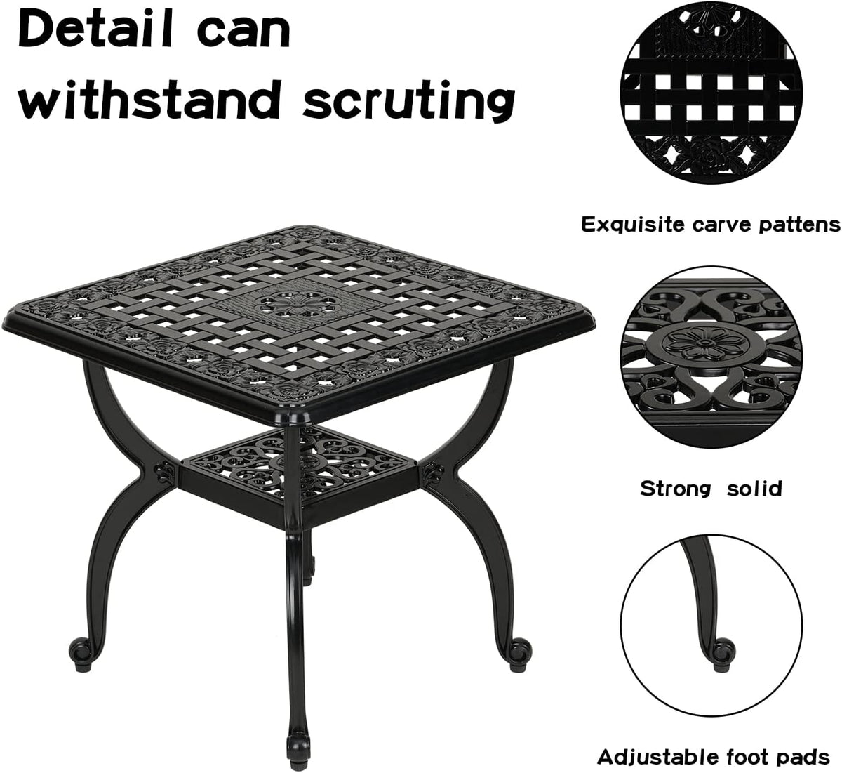 JARDIN DE CENTENNIAL Cast Aluminium Outdoor Side Table, Anti-Rust, Outdoor End Table, Patio, Coffee Bistro Table for Indoor, Garden, Porch, Balcony (Square Black) - QUORE