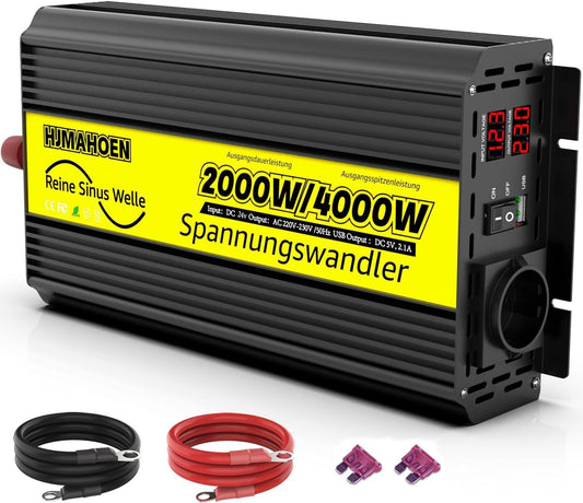 Spanningsomvormer, 2000 W/4000 W, zuivere sinusomvormer, DC 24 V naar AC 230 V, EU-stopcontact, dubbele lcd-digitale displayconverter voor campers, vrachtwagens, huishouden, bestelwagens