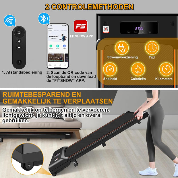 Loopband - Elektrische Loopband - Walking Pad - Inklapbaar - met Helling - Ruimtebesparend - 3.0 pk - Bluetooth-Audio - App - Afstandsbediening - LED-display - Instelbare Snelheid - 1-6 km/u - 12 x 49 x 120 cm - Zwart