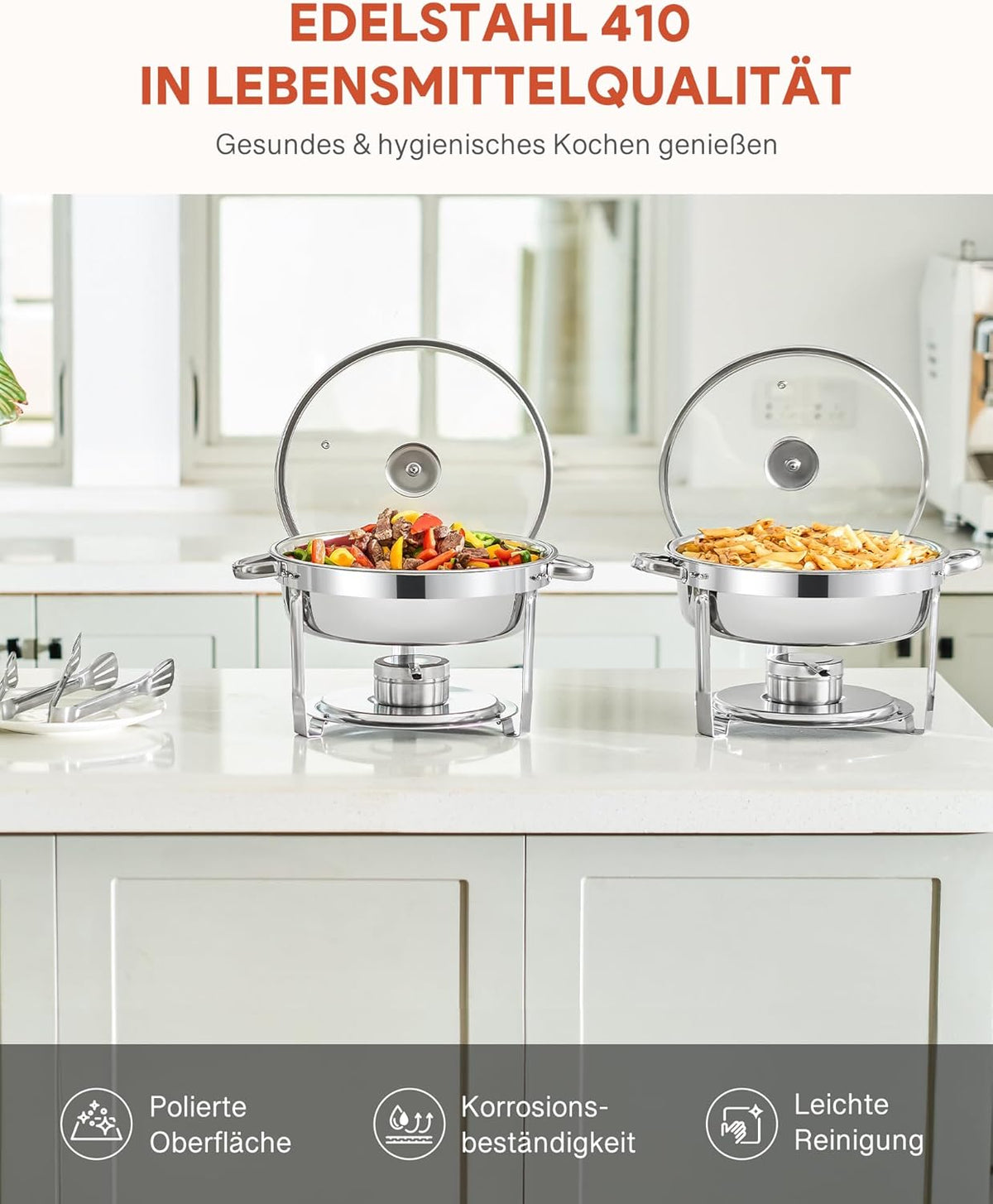 Wilprep Chafing dish rond met glazen deksel, Buffet set van 2, RVS voedselwarmer kit 5,5 liter, Bain Marie met brandpasta houder, voor partijen buffetten banketten diners