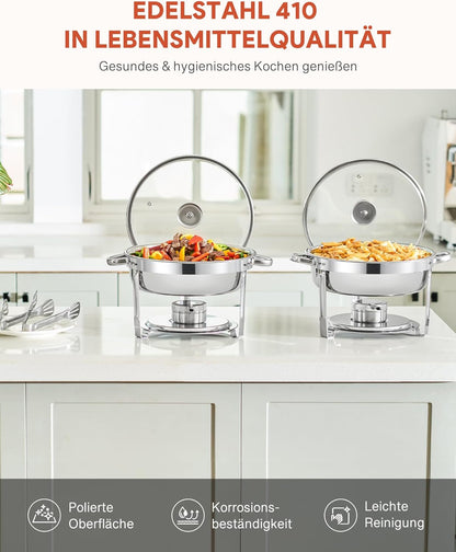 Wilprep Chafing dish rond met glazen deksel, Buffet set van 2, RVS voedselwarmer kit 5,5 liter, Bain Marie met brandpasta houder, voor partijen buffetten banketten diners