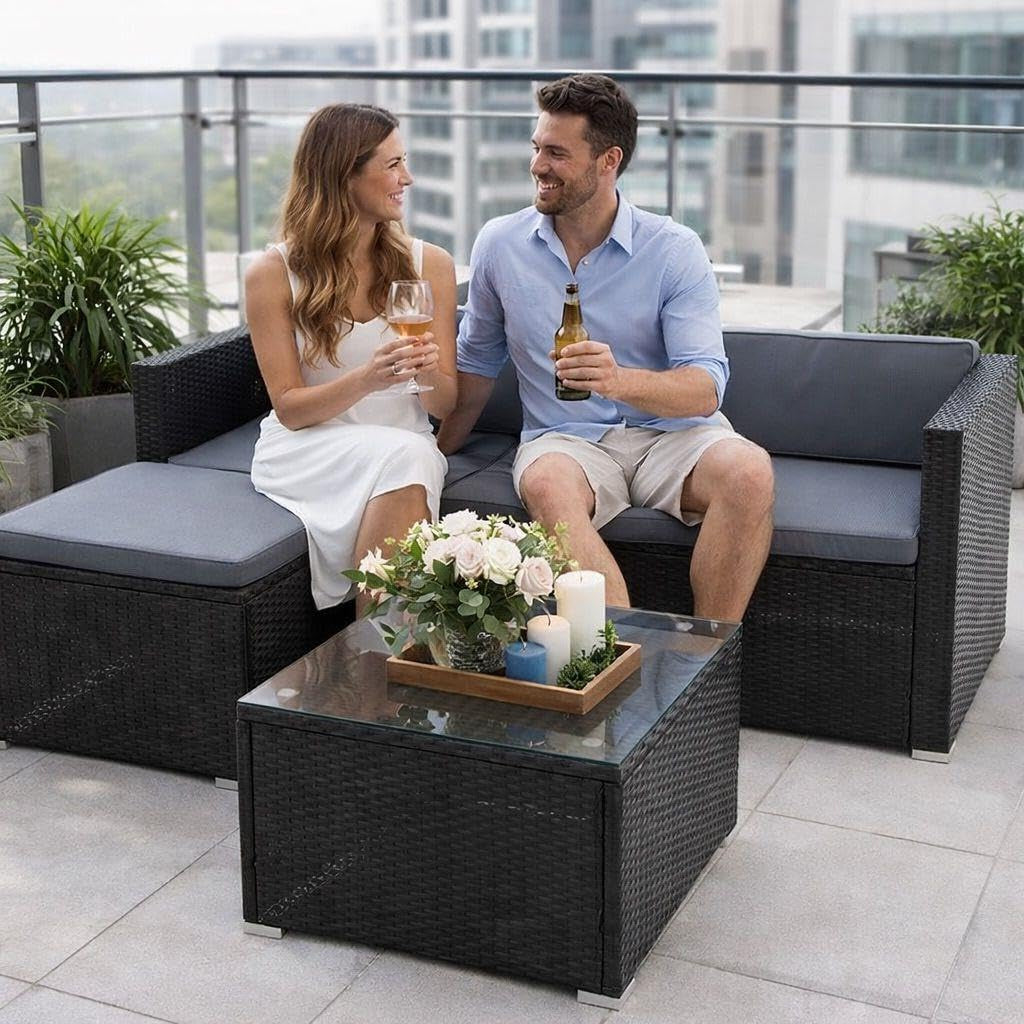 Estexo Rattan Lounge Seating Group, Poly Rattan Garden Furniture Set, 3 Seater Sofa, Sitting Area, Dining Area, Garden Set, Balcony Set (Black) - QUORE