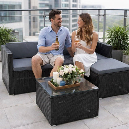 Estexo Rattan Lounge Seating Group, Poly Rattan Garden Furniture Set, 3 Seater Sofa, Sitting Area, Dining Area, Garden Set, Balcony Set (Black) - QUORE