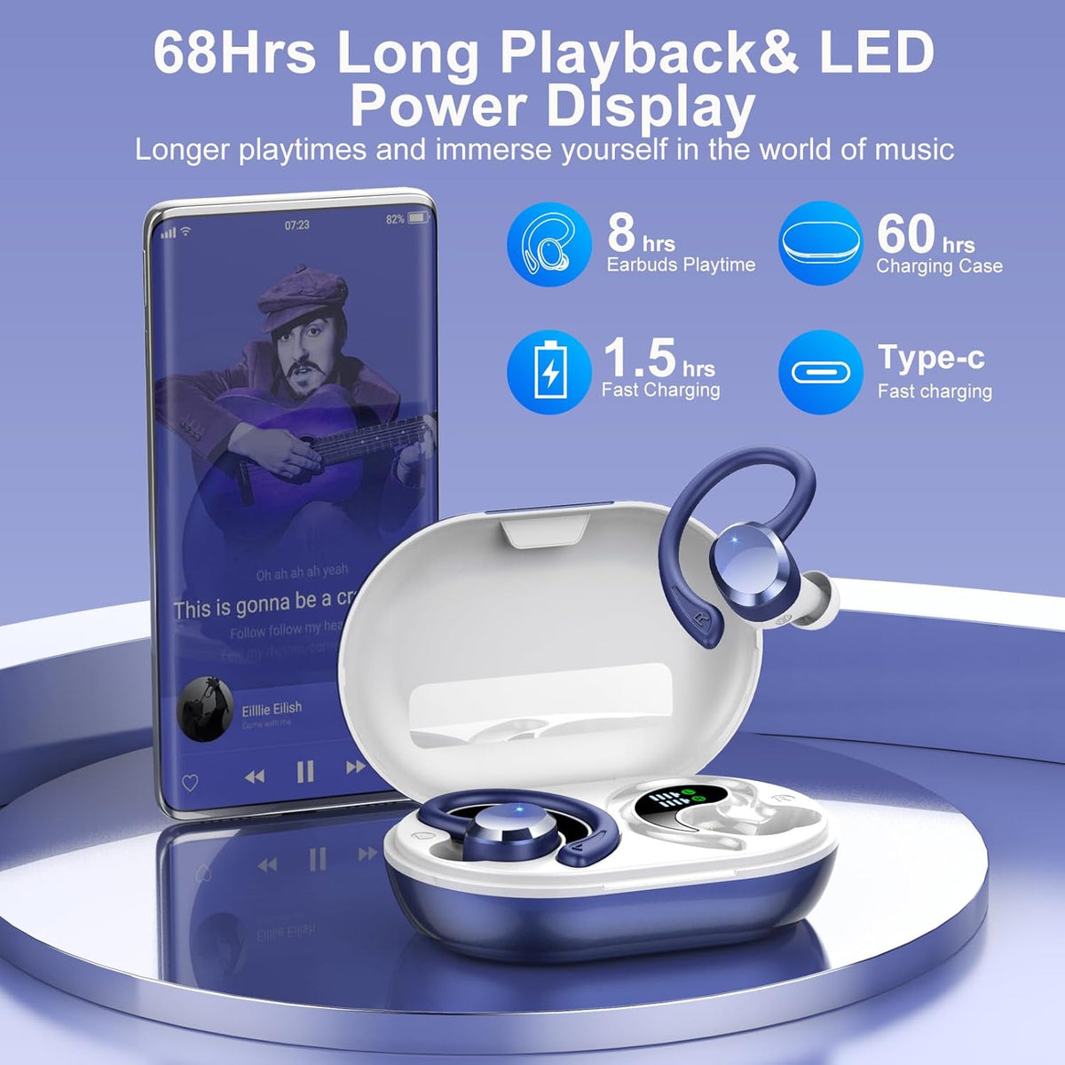 sprtoybat Bluetooth hoofdtelefoon, draadloze Bluetooth 5.4 met 4 ENC Noise Cancelling Mic, draadloze hoofdtelefoon, 68 uur speeltijd, led-display, IP7 waterdichte oordopjes, touch-control
