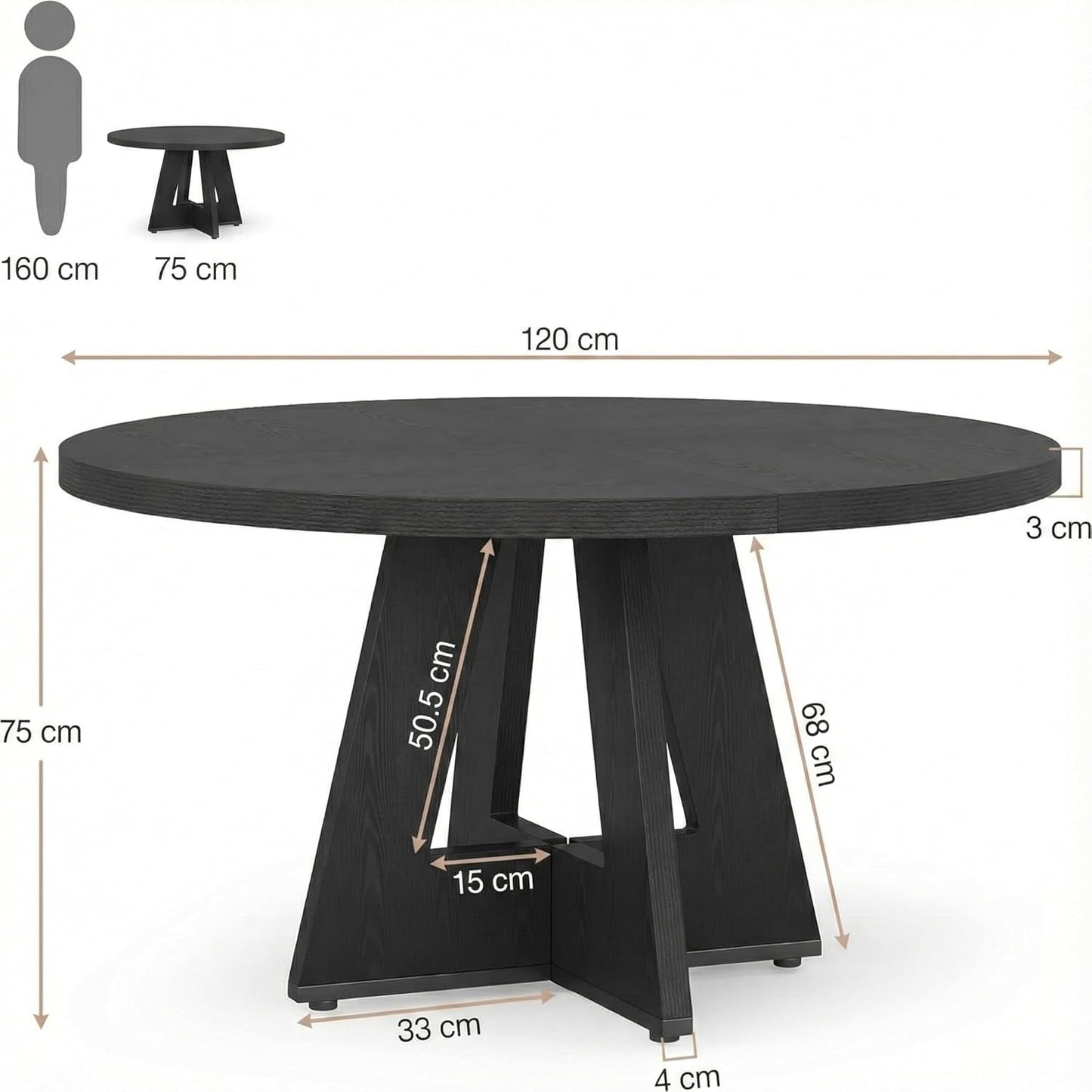 Lailang 120cm Eettafel, Ronde Eetkamertafel, Industrial Dining Table, Houten Eettafel, Dining Table for 4, Modern Eetkamertafel, 120 x 120 x 75 cm, Black