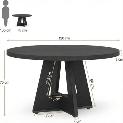 Lailang 120cm Eettafel, Ronde Eetkamertafel, Industrial Dining Table, Houten Eettafel, Dining Table for 4, Modern Eetkamertafel, 120 x 120 x 75 cm, Black