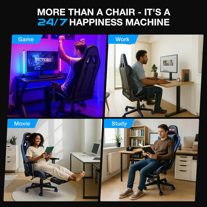 Douxlife Gaming Stoel, met 7-punts Massage, Ergonomische bureaustoel met Voetensteun, 90-175° Rugleuning Instelbaar, Verstelbare 2D-Armleuning, PC-gamerstoel, Bureaustoel, 180 kg, Zwart-blauw
