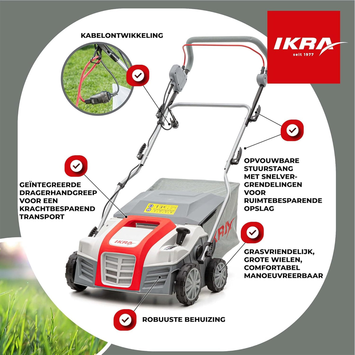 IKRA Elektrische Verticuteermachine Gazonbeluchter IEVL 1840, opvangmand 55l, werkbreedte 40cm, werkdiepte instelbaar, grijs/rood/zwart - QUORE