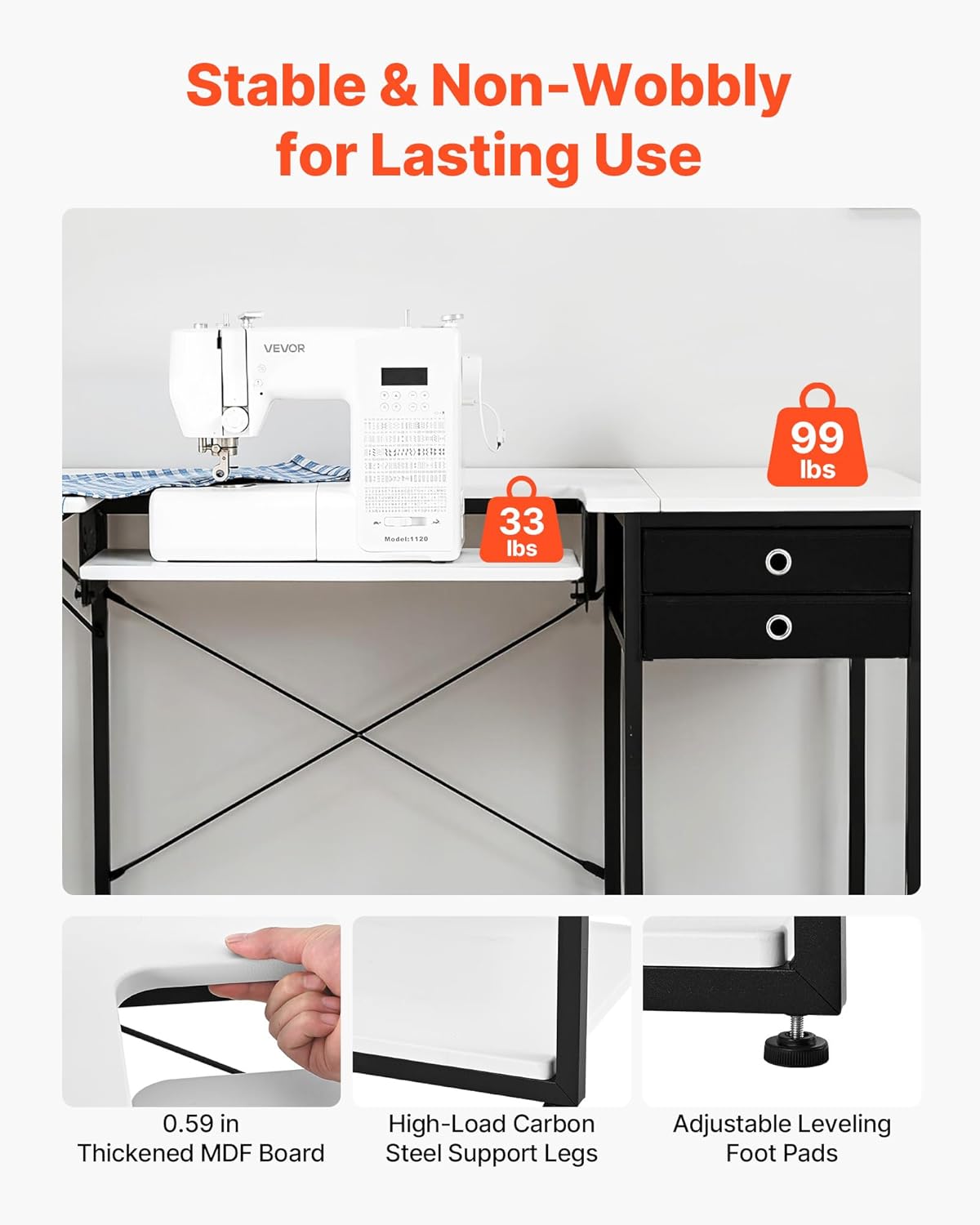 VEVOR Naaitafel, multifunctionele naaimachinetafel met opvouwbare zijplank, verstelbare plank, stalen poten, computerbureau voor thuis, modestudio, kunststudio, onderwijsinstelling, wit