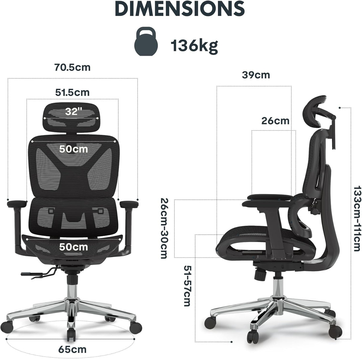 Ergonomische Bureaustoel – Werkstoel – Office Chair – Bureaustoel Met Hoofdsteun – Draaibare Bureaustoel – Adaptieve Lendensteun – Verstelbare Zithoogte en 3D-Armleuningen – Ademend Mesh-Materiaal
