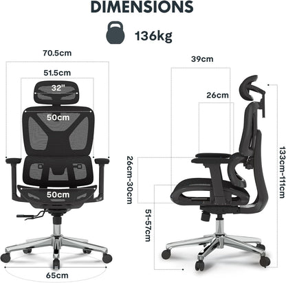Ergonomische Bureaustoel – Werkstoel – Office Chair – Bureaustoel Met Hoofdsteun – Draaibare Bureaustoel – Adaptieve Lendensteun – Verstelbare Zithoogte en 3D-Armleuningen – Ademend Mesh-Materiaal