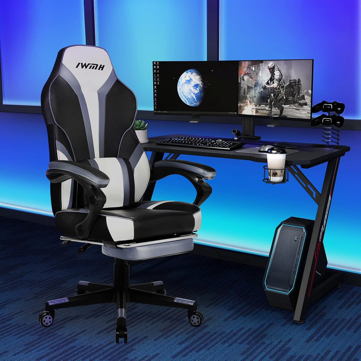 IntimaTe WM Heart Gamingstoel, ergonomische gamingstoel, met hoge rugleuning, bureaustoel met gevoerde zitting, inklapbare voetsteunen, verstelbare armleuningen 49 x 55 x 127(grijs)