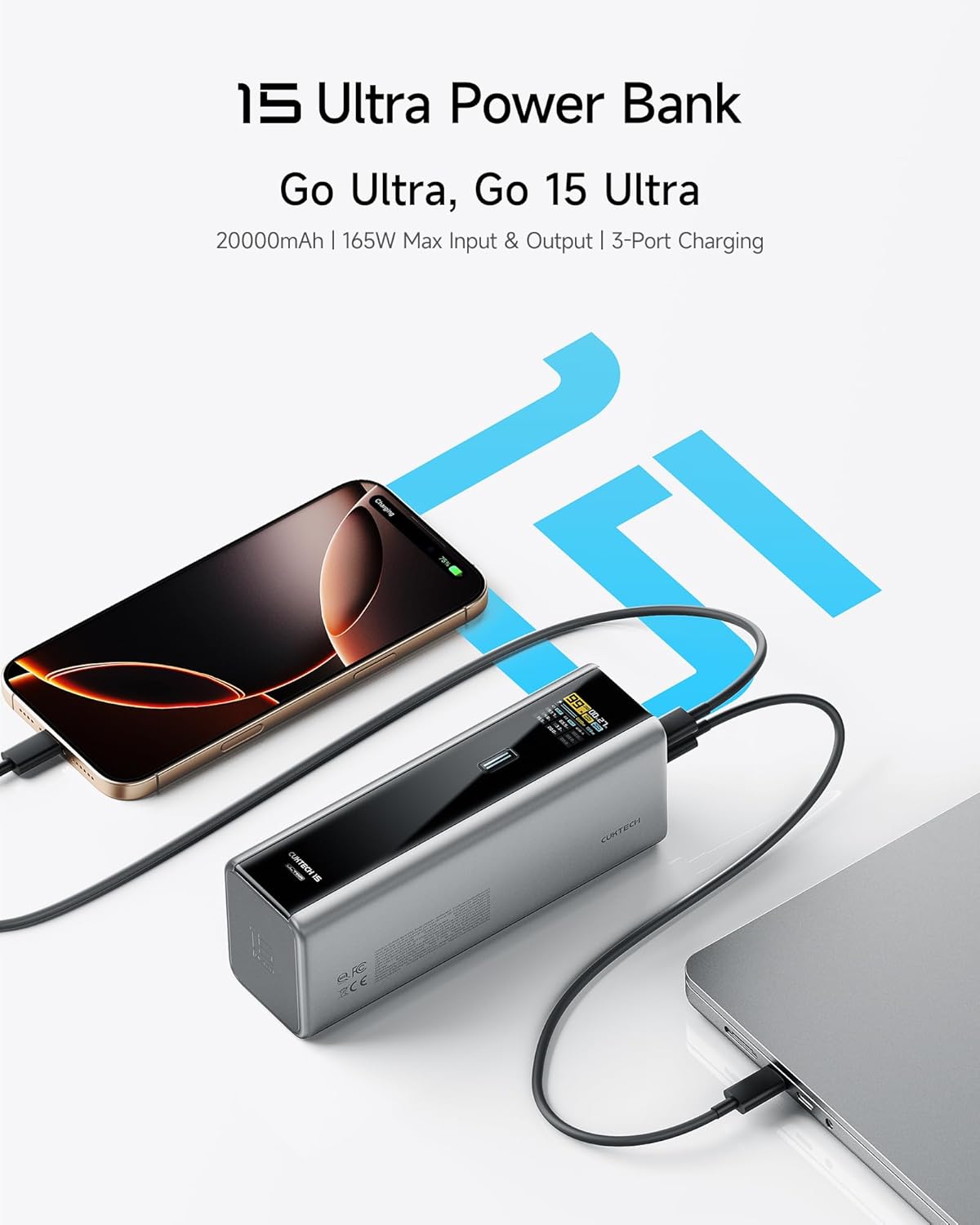 CUKTECH 15 Ultra Power Bank 20000mAh 165W Fast Charging 3 Port USB C Portable Charger Fast Self-Charging TFT Digital Display Battery Pack Compatible with MacBook Pro/Air/iPad/iPhone 16/Samsung/Dell - QUORE
