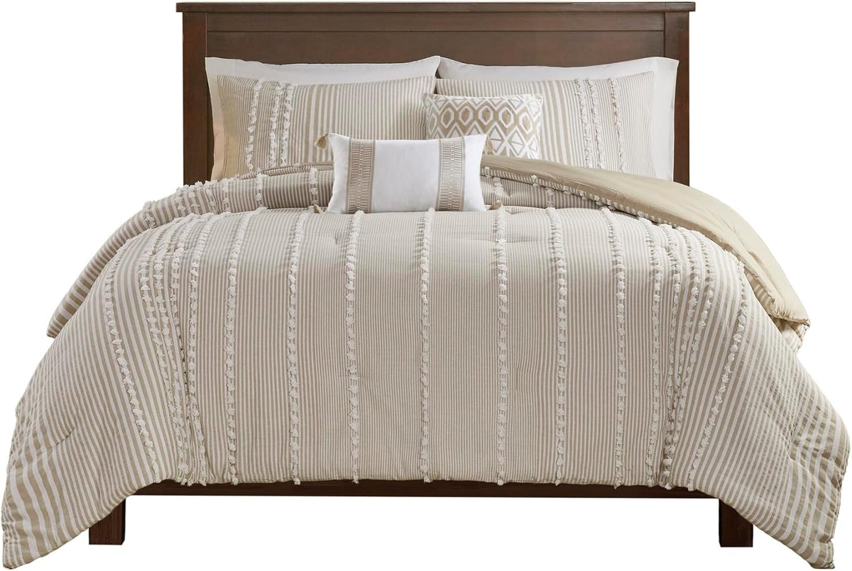 Harbor House 100% Cotton Duvet Set - Trendy Tufted Textured Design, All Season Cozy Bedding Modern Comforter Cover, Matching Shams, Anslee Pom Pom Taupe Queen(90"x90") 3 Piece