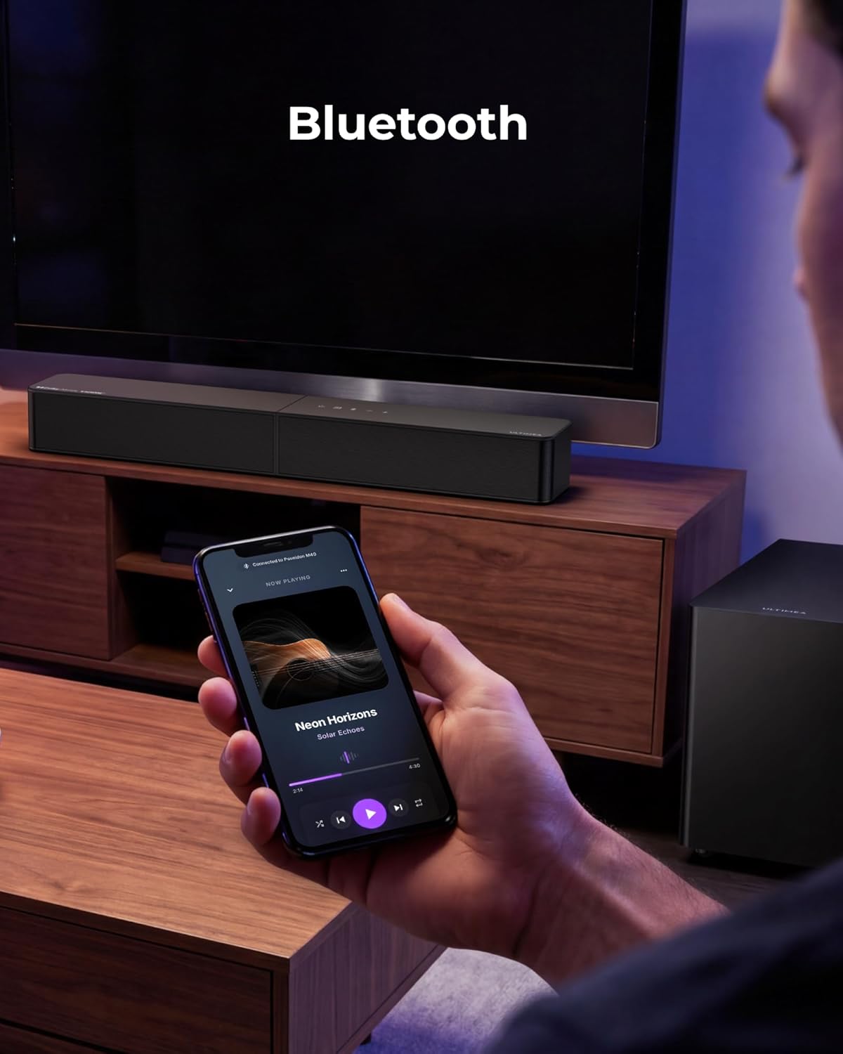 ULTIMEA 2.1 Soundbar met draadloze subwoofer, Dolby Atmos, VoiceMX, BassMX, soundbar voor Smart TV, 240 W piekvermogen, app-bediening, HDMI eARC, Optisch, Bluetooth 6.0, Poseidon M40, model 2026