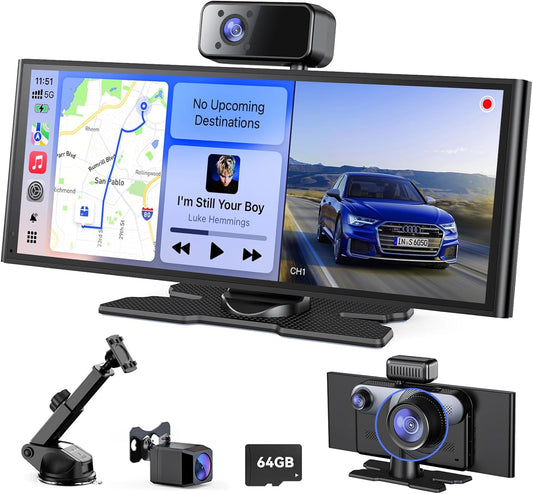 9,26 inch Wireless Apple-CarPlay met 60 fps scherm, Android Auto, met 3 camera's (Front Dash Cam, Rear, Intemal), Portable CarPlay met OTA/GPS-navigatie/Mirror Link/Spraakbediening/Bluetooth/AUX/FM