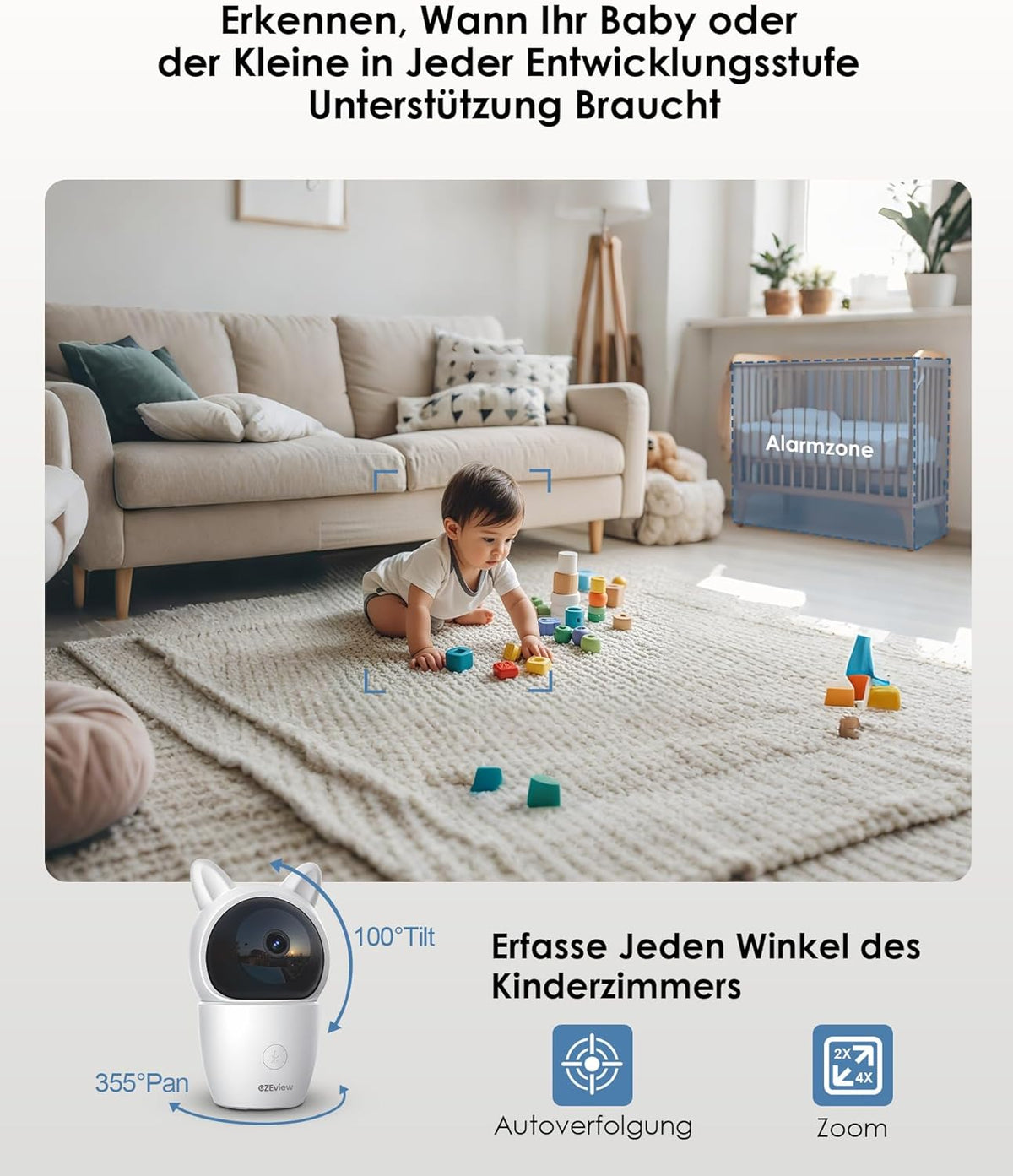 Babyfoon Met 2 Kameras En APP, 2K/5,0 Inch WLAN Video Babyfoon, PTZ 360°, IR-Nachtsicht, Automatische Volging, 4× Zoom, Herkenning Van Huilen/Beweging/Geluiden, Alarm, Temperatuurweergave