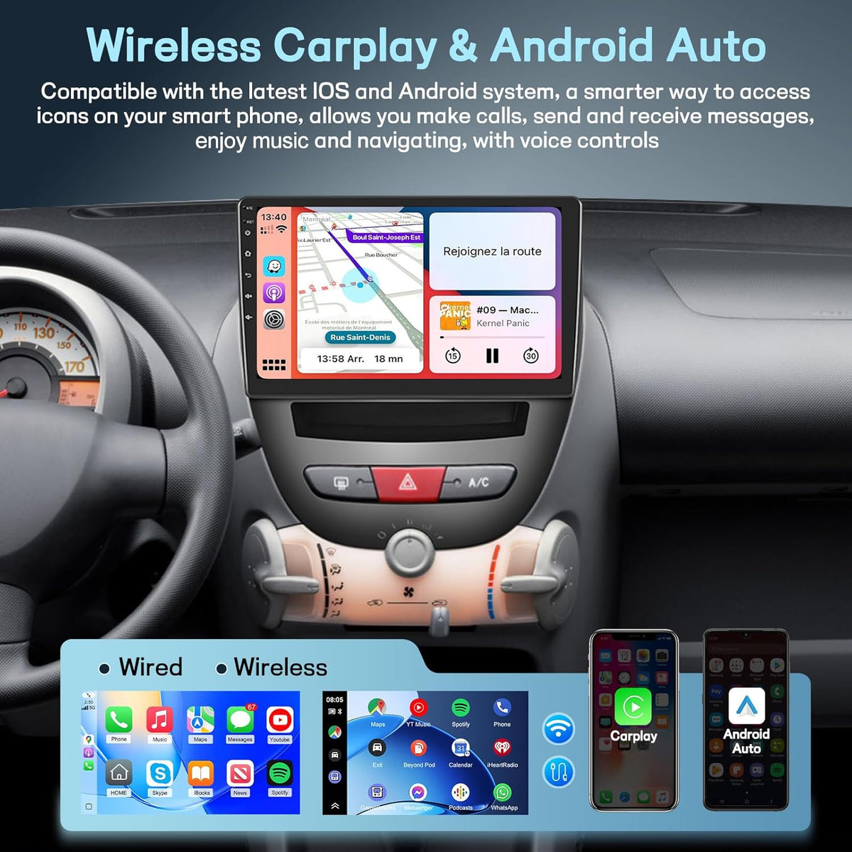 8 Core 4G+64G Qualcomm Car Stereo for Toyota Aygo/Peugeot 107/Citroen C1 2004-2014 with Wireless CarPlay Android Auto, Android 15 10.1'' Touchscreen Radio with WiFi, GPS, Bluetooth 5.1, FM/RDS, DSP