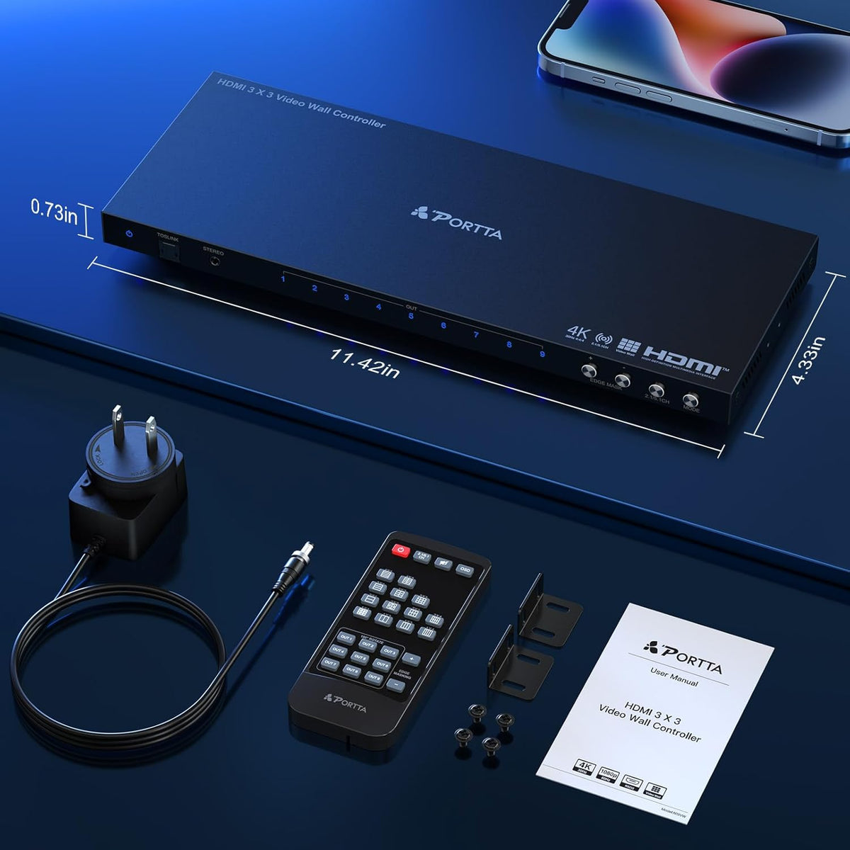 Video Wall Controller 3x3 4K, Portta HDMI Video Wall Processor met 19 splitsingsmodi, RS232, 180 ° Rotate, Audio Extractor, 3x3, 3x2, 2x3, 2x2, 4x2, 2x4, 1x2, 2x1, 9 tv -schermen in 1 Wall Display