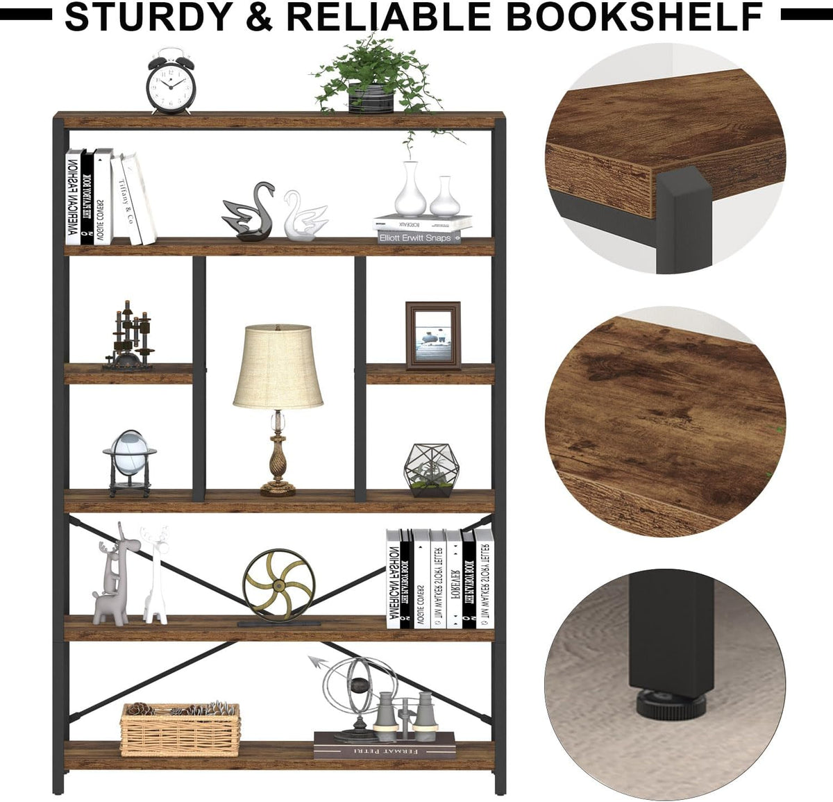 LVB Rustieke boekenkasten en boekenplanken, metalen hout 6-laags boekenplank en boekenrek opslag, industriële verticale weergave Etagere boekenkast 6 planken, vintage grote boekenplank voor slaapkamer