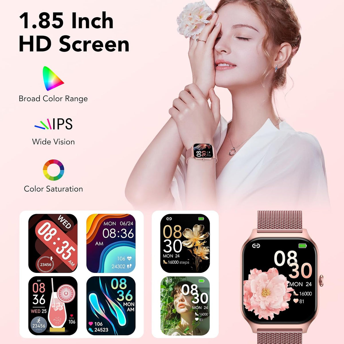 CASCHO Smart Horloges voor dames, 1,8 inch HD fitnesshorloge (beantwoorden/bellen), 120+ sportmodi met hartslag-/slaapmonitor, IP68 waterdicht, fitnesstracker voor iOS Android, PRG4-Rose