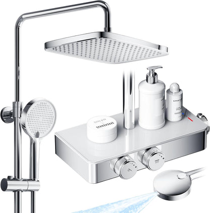 Thermostatisch Douchesysteem – Douche Set – Regendouche – Handdouche – Doucherail – Complete Set Chroom – 38°C Thermostaat – XL Regendouche 30x20 cm