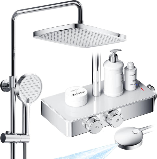 Thermostatisch Douchesysteem – Douche Set – Regendouche – Handdouche – Doucherail – Complete Set Chroom – 38°C Thermostaat – XL Regendouche 30x20 cm