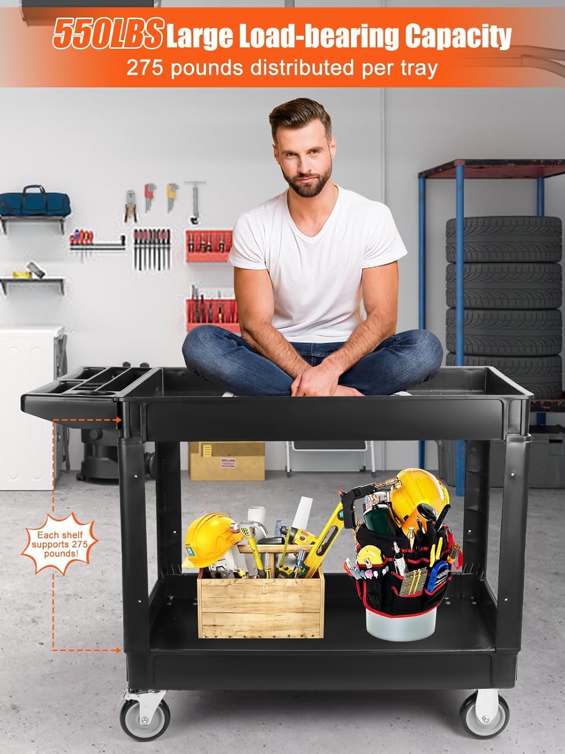 TOROKOM Zware multifunctionele wagen met 2 treden op wielen, 150 kg rolwagen, extra capaciteit, grote multifunctionele servicewagen, handvat, zwarte opbergorganizer, mobiele gereedschapswagen