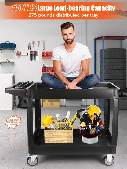 TOROKOM Zware multifunctionele wagen met 2 treden op wielen, 150 kg rolwagen, extra capaciteit, grote multifunctionele servicewagen, handvat, zwarte opbergorganizer, mobiele gereedschapswagen