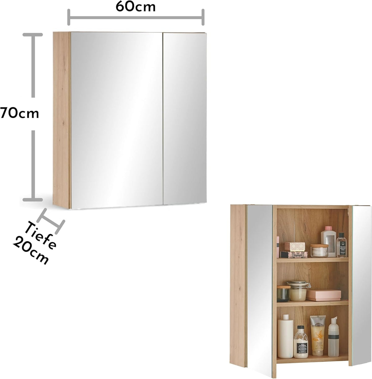 Badkamerkast – Spiegelkast – Opbergkast – Wastafelonderkast – Kolomkast – FSC-gecertificeerd Hout – Artisan Eiken Look – 60x70x20 cm – Veel Opbergruimte