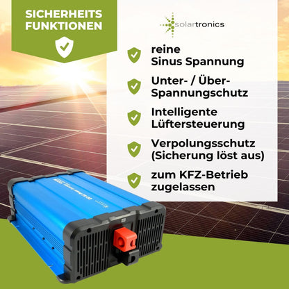 solartronics Spanningsomvormer FS1500D 12V 1500/3000 Watt Pure Sinus BLAUW m. Display FS Serie LiFePO4 / lithium, lood-, gel of AGM-batterij compatibel inverter omvormer